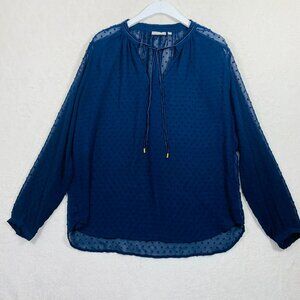 INWEAR BLOUSE size large Oxford Blue Sheer Lace Flowy Long Sleeve Tie Ne…